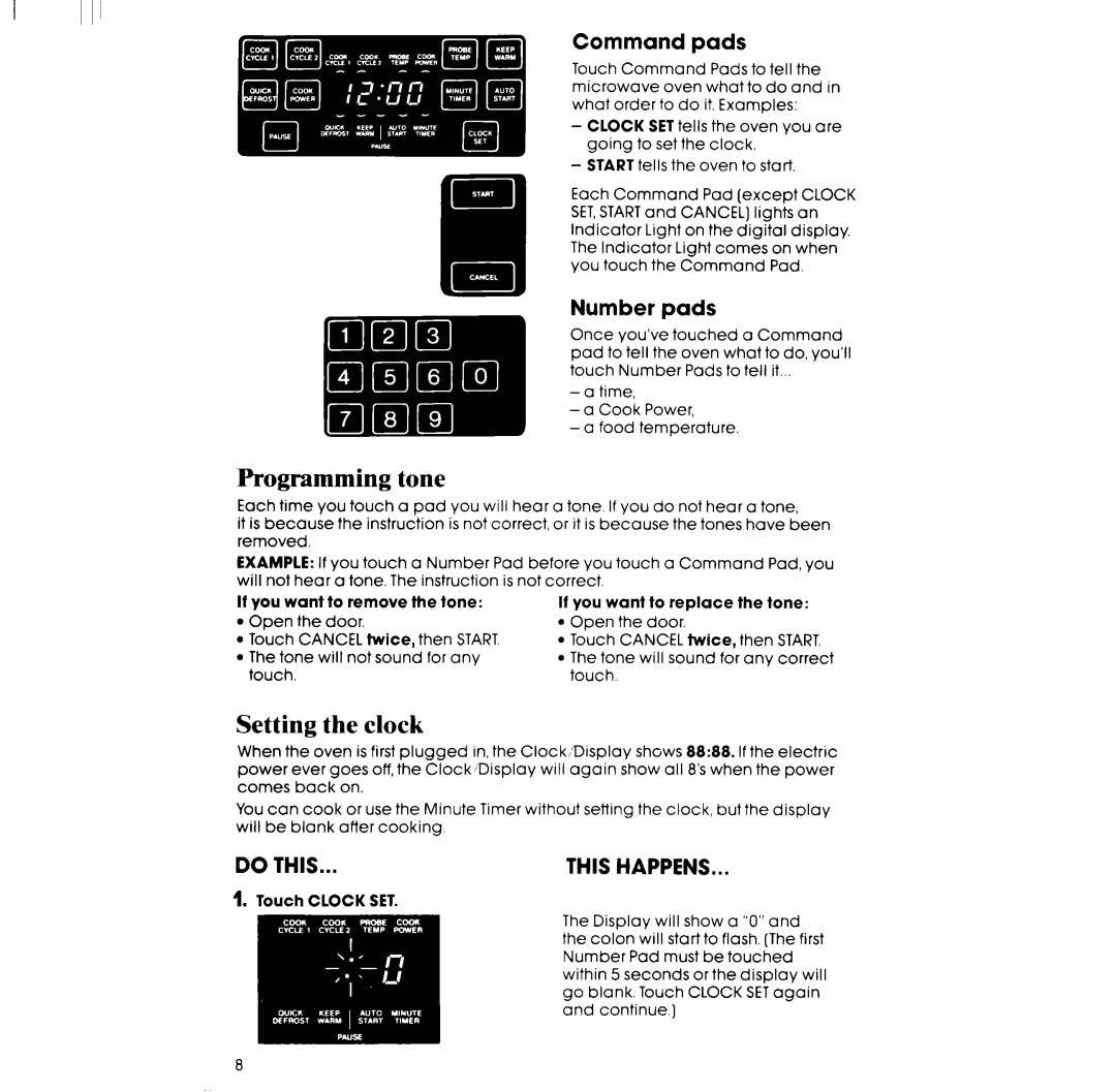 Whirlpool RM978BXP, SM958PEP manual Programming tone, Setting the clock, Command pads, Number pads, Do This, This Happens 