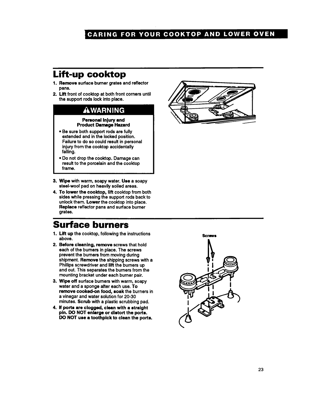 Whirlpool SM980PEY warranty Lift-up cook-top, Surface Burners, Replace reflector pans and surface burner grates, Above 