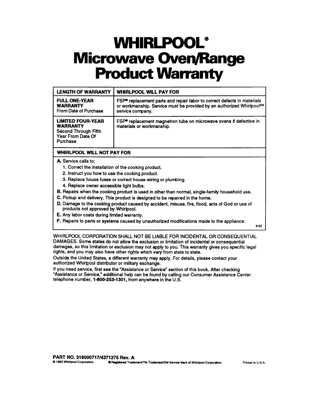 Whirlpool SM980PEY warranty Microwave Overq/Range Product Warranty, Full ONE-YEAR 