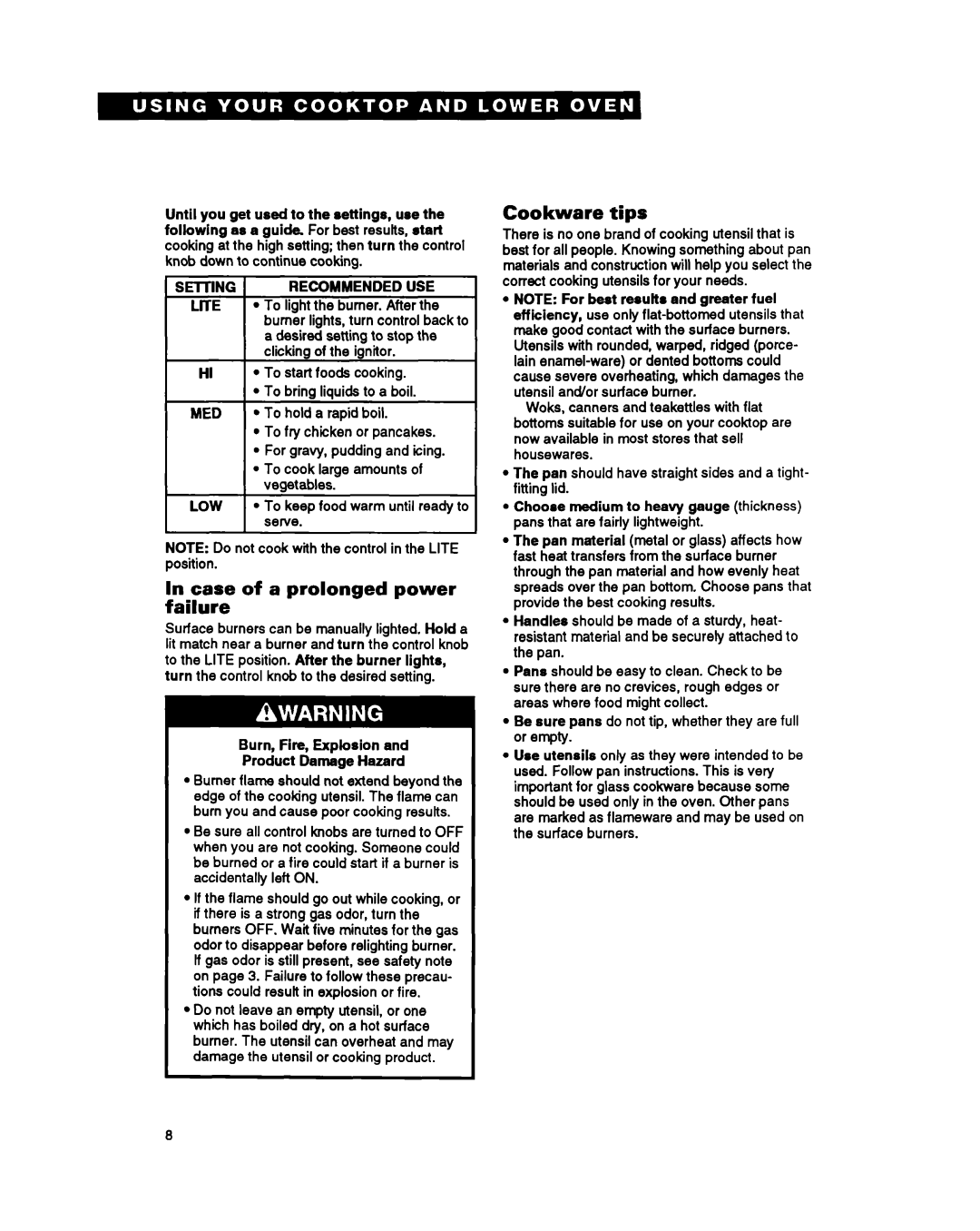 Whirlpool SM980PEY warranty Case of a prolonged power failure, Cookware tips 