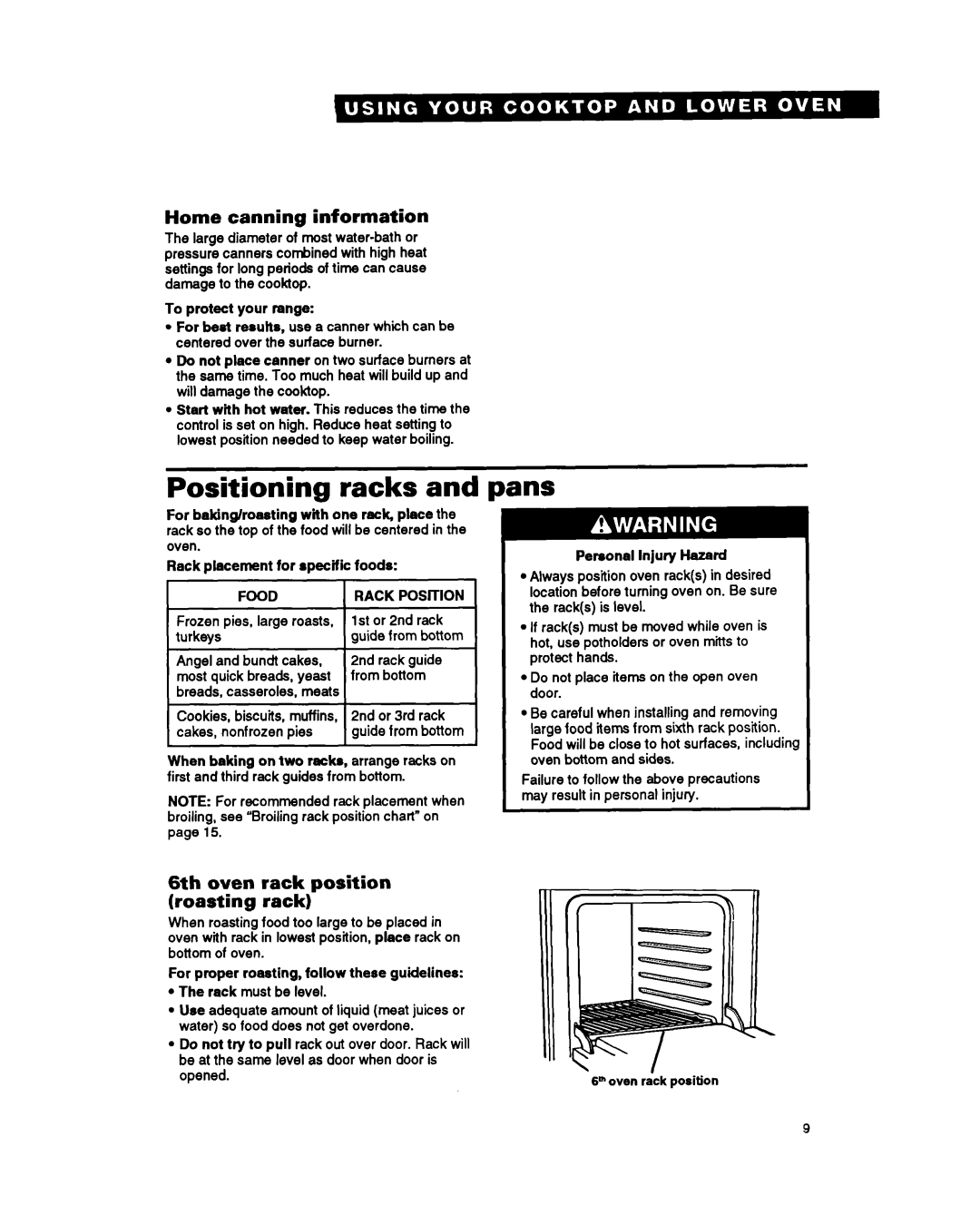 Whirlpool SM980PEY warranty Positioning racks and pans, Home canning information, 6th oven rack position roasting rack 