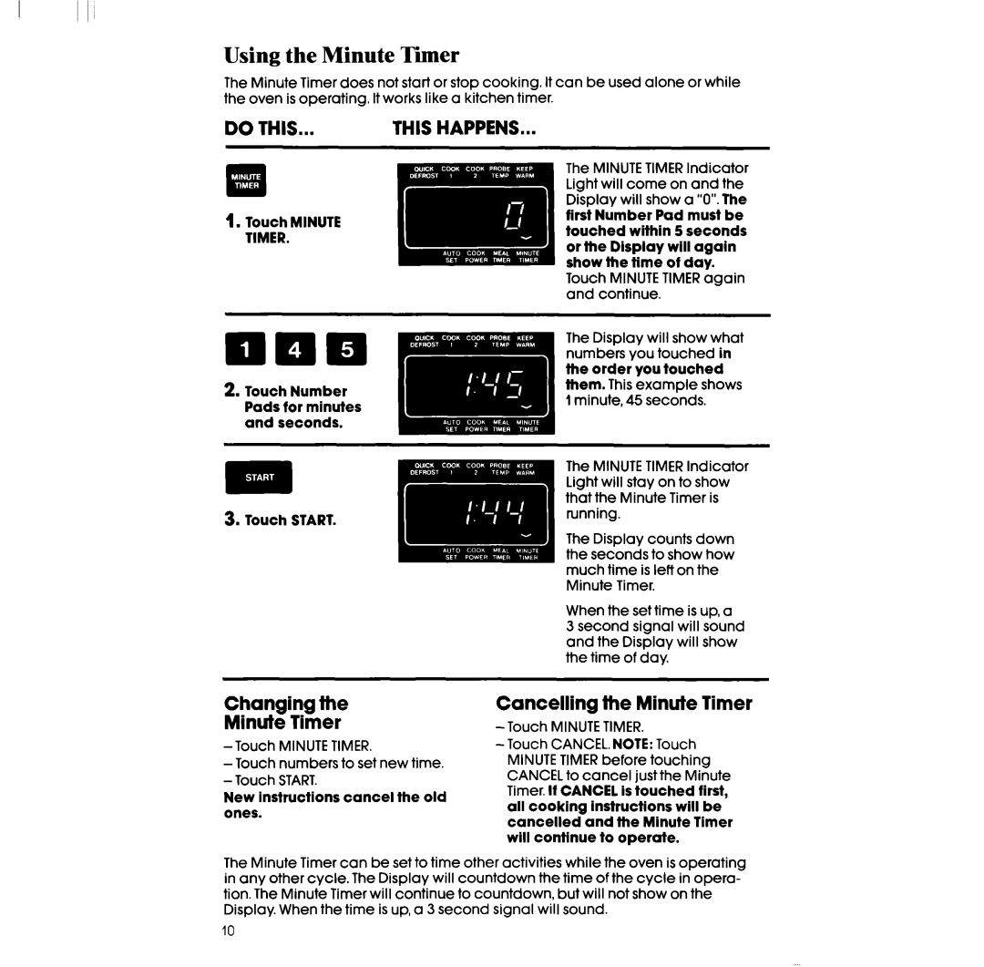 Whirlpool SM988PES, SM958PES manual Using Minute Timer, Changing Minute Timer, Cancelling the Minute Timer 