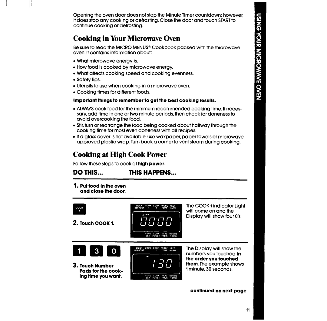 Whirlpool SM958PES, SM988PES manual Cooking in Your Microwave Oven, Cooking at High Cook Power 