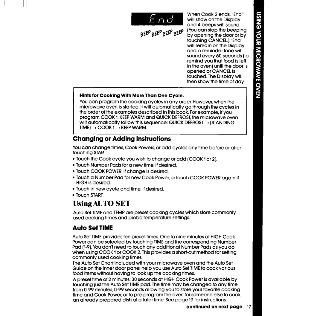 Whirlpool SM958PES, SM988PES manual Using Auto SET, Changing or Adding Instructions, Auto Set Time 