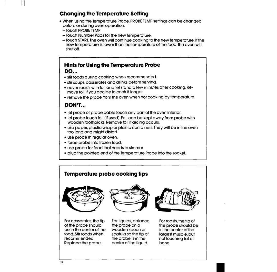 Whirlpool SM988PES, SM958PES manual Setting, Hints for Using the Temperature Probe, Don’T, Temperature probe cooking tips 