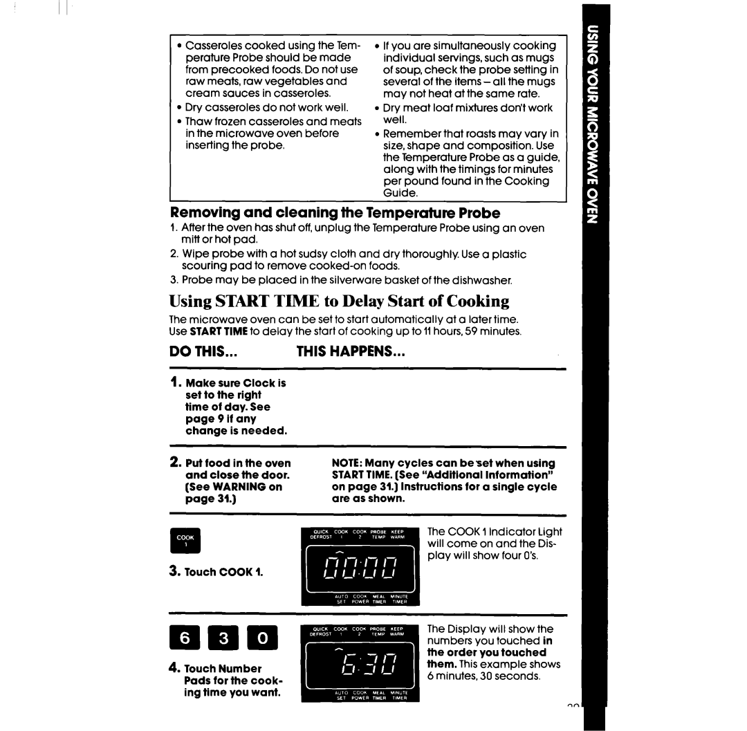 Whirlpool SM958PES, SM988PES manual Using Start Time to Delay Start of Cooking, Removing and cleaning the Temperature Probe 