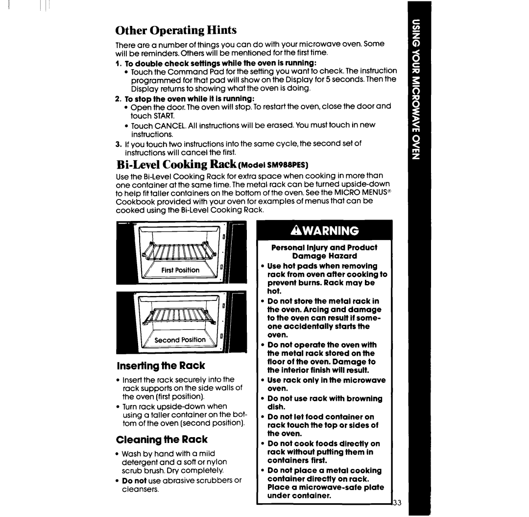 Whirlpool SM958PES manual Other Operating Hints, Bi-Level Cooking bckModel SM988PES, Inserting the Rack, Cleaning the Rack 