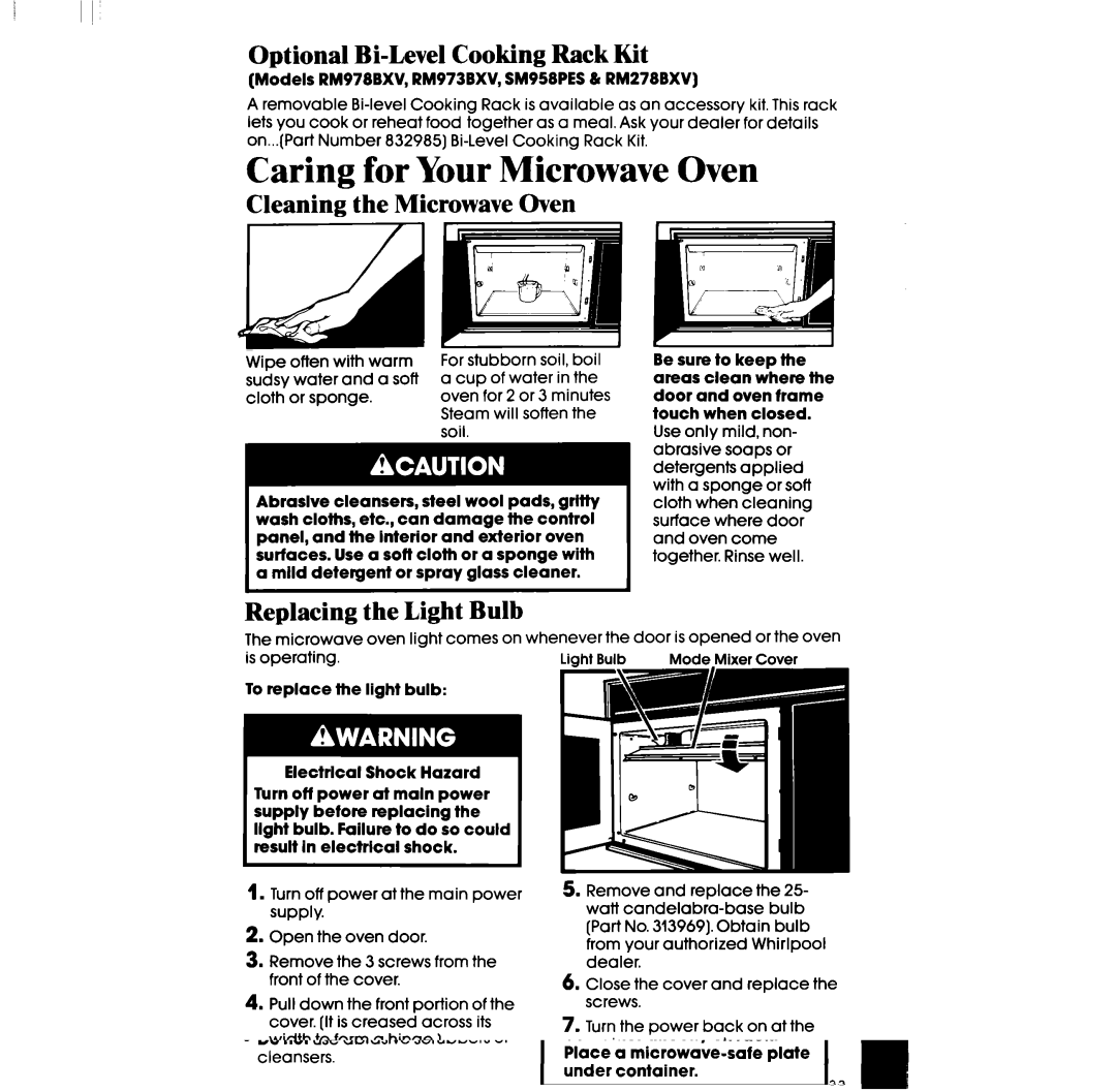 Whirlpool SM988PES manual Caring for Your Microwave Oven, Optional Bi-Level Cooking Rack Kit, Cleaning the Microwave Oven 