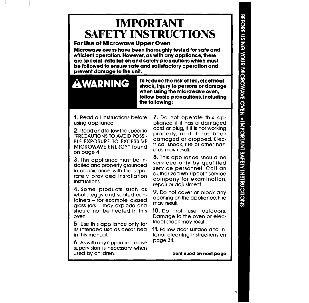 Whirlpool SM958PES, SM988PES manual Safety Instructions, For Use of Microwave Upper Oven 