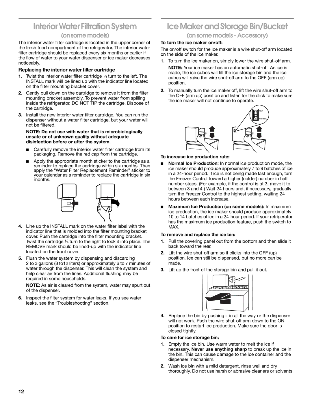 Whirlpool SS22AEXHW02 manual Interior Water Filtration System, Ice Maker and Storage Bin/Bucket, On some models Accessory 