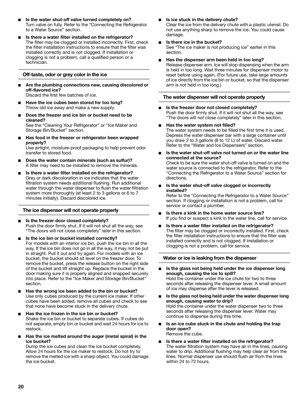 Whirlpool SS22AEXHW00, SS25AEXHW00 manual Off-taste, odor or grey color in the ice, Ice dispenser will not operate properly 