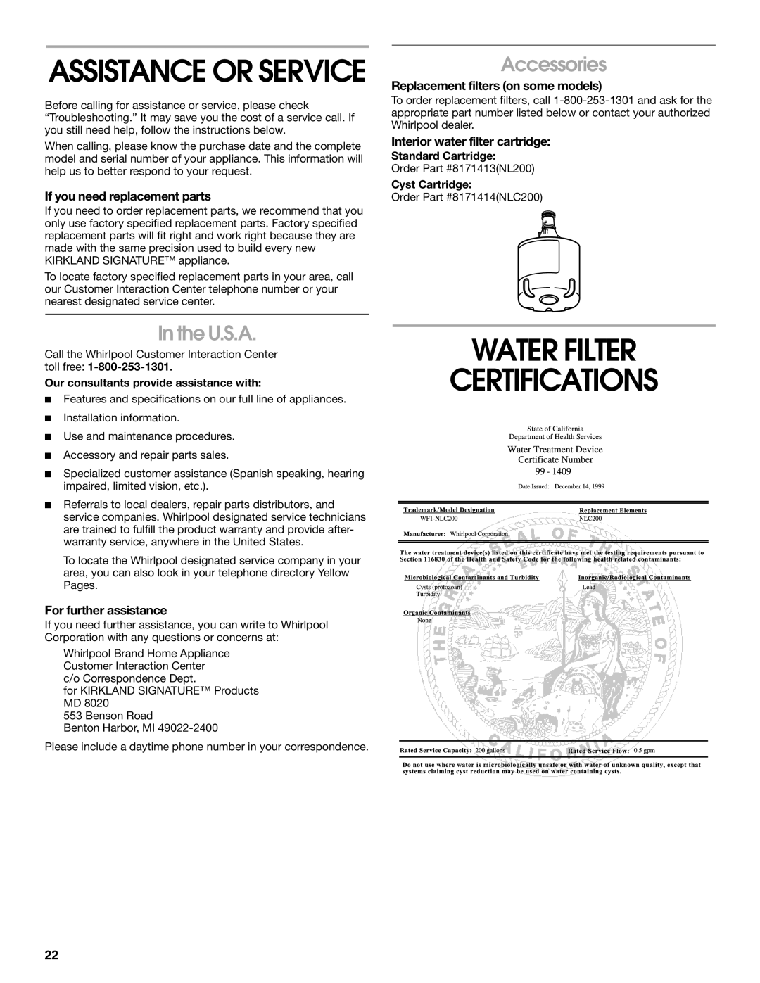 Whirlpool SS25AEXHW02, SS25AEXHW00, SS22AEXHW01, SS25AEXHW03, SS25AEXHW01 Water Filter Certifications, Accessories, U.S.A 