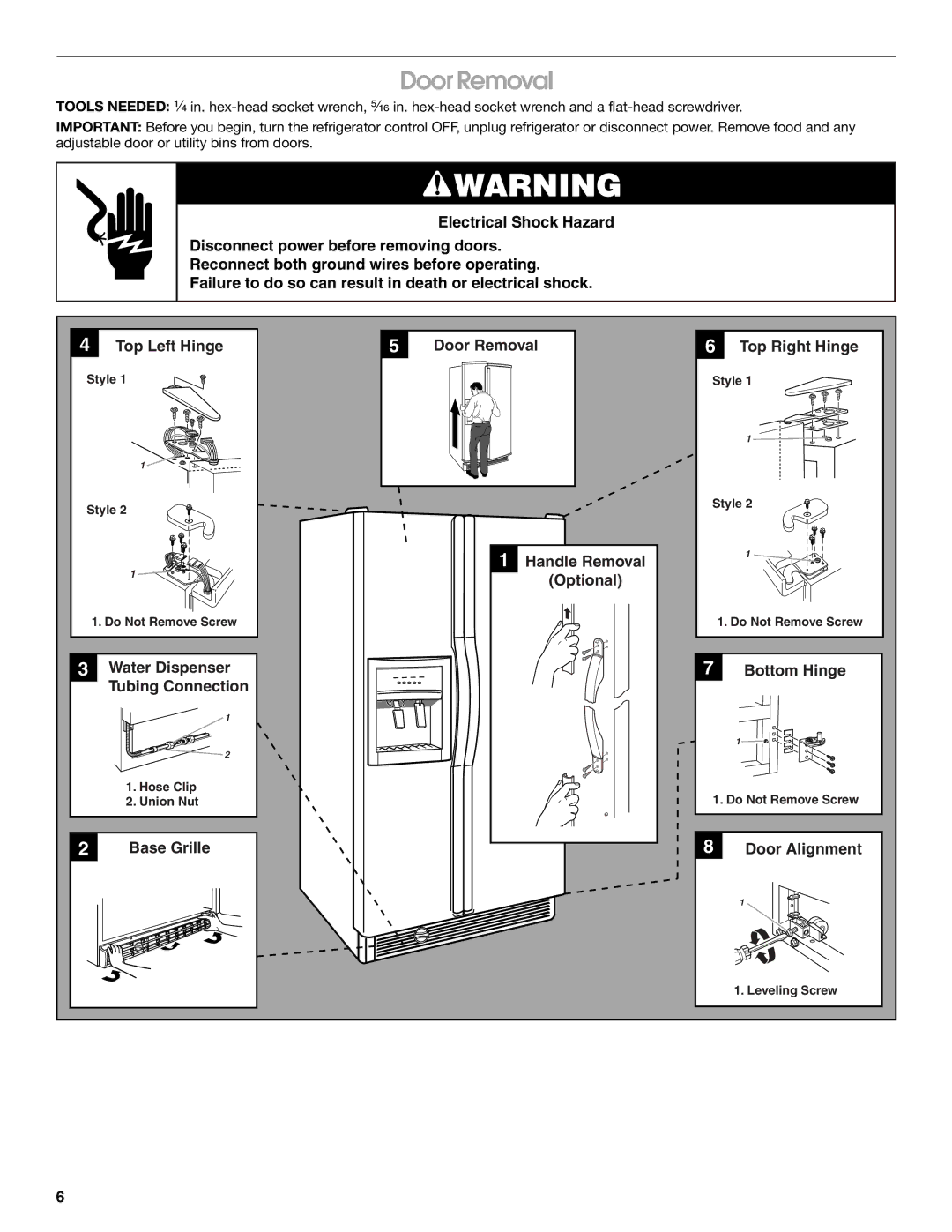 Whirlpool SS22AEXHW00, SS25AEXHW00, SS25AEXHW02, SS22AEXHW01, SS25AEXHW03, SS25AEXHW01 manual Door Removal, Door Alignment 