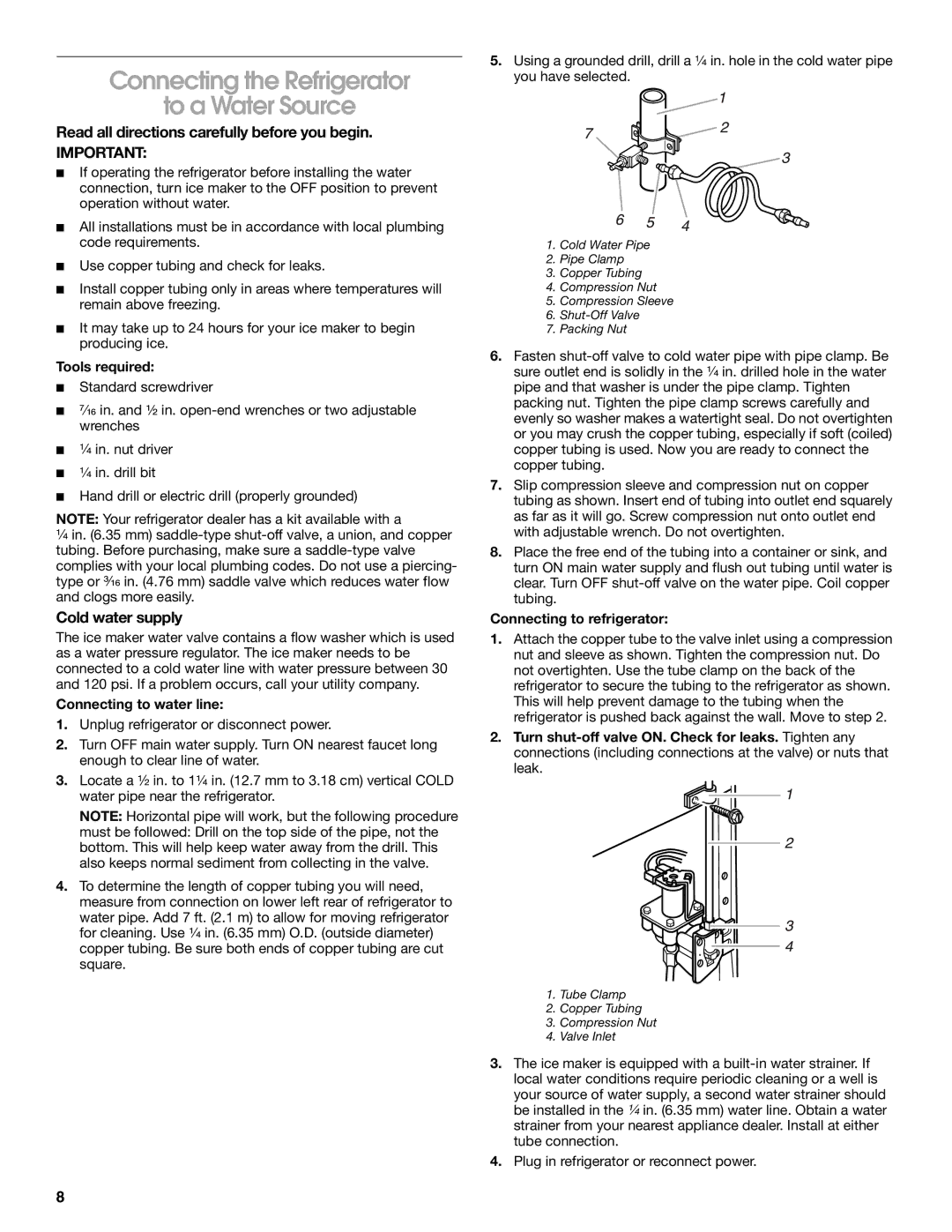 Whirlpool SS25AEXHW02 manual Connecting the Refrigerator To a Water Source, Read all directions carefully before you begin 