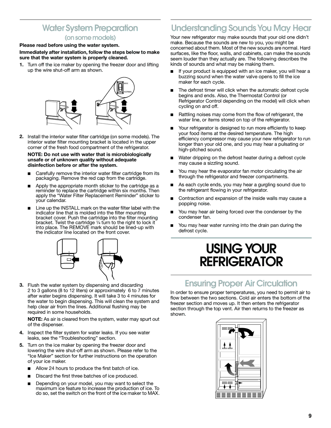 Whirlpool SS22AEXHW01 Using Your Refrigerator, Water System Preparation, Understanding Sounds You May Hear, On some models 