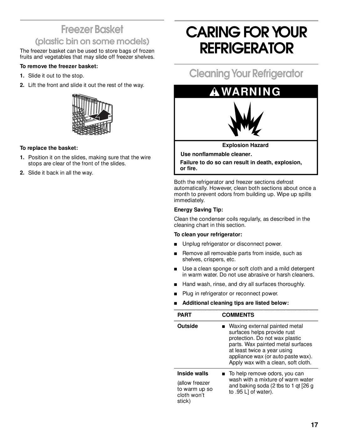 Whirlpool SS25AQXHW00 manual Caring for Your Refrigerator, Freezer Basket, Cleaning Your Refrigerator 