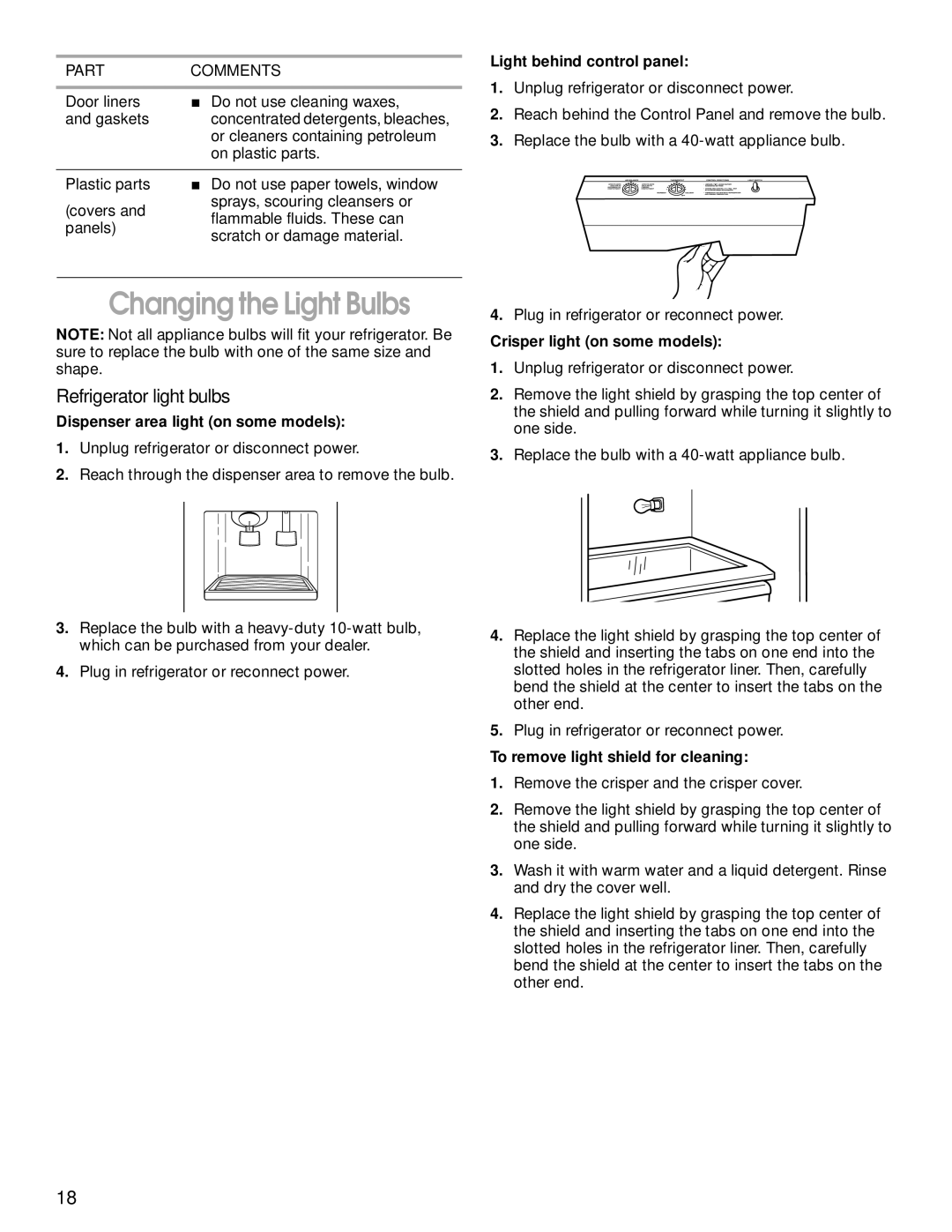 Whirlpool SS25AQXHW00 manual Changing the Light Bulbs, Refrigerator light bulbs, Light behind control panel 