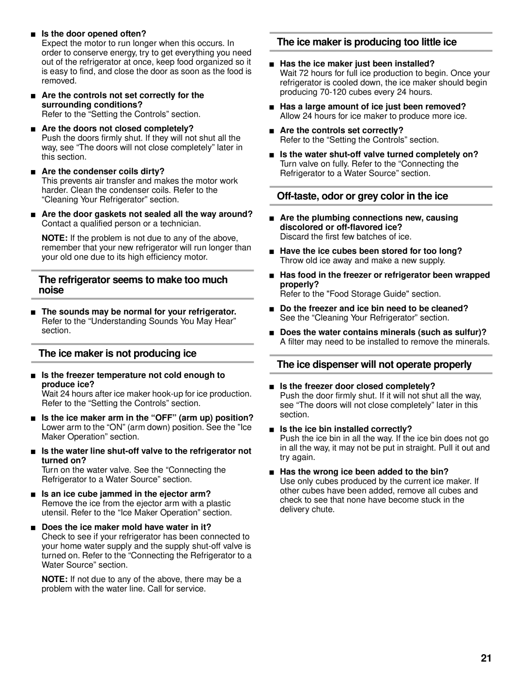 Whirlpool SS25AQXHW00 manual Refrigerator seems to make too much noise, Ice maker is not producing ice 