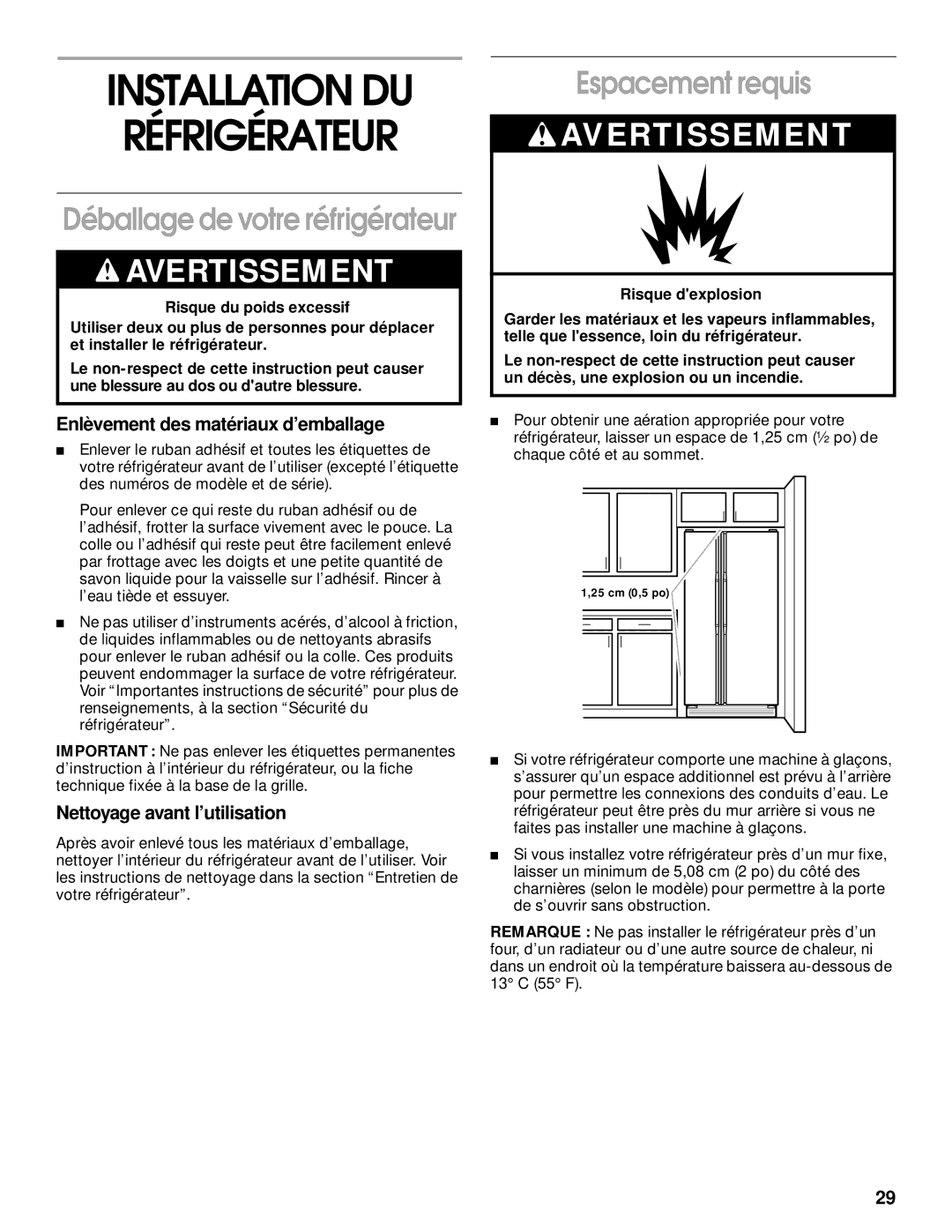 Whirlpool SS25AQXHW00 manual Installation DU Réfrigérateur, Espacement requis, Enlèvement des matériaux d’emballage 