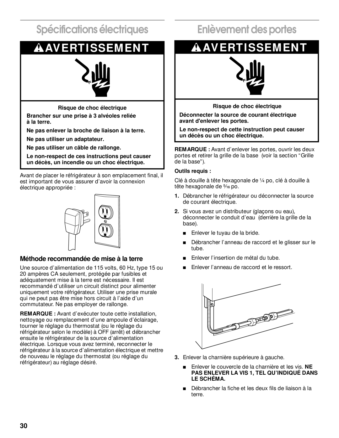 Whirlpool SS25AQXHW00 manual Spécifications électriques, Enlèvement des portes, Méthode recommandée de mise à la terre 