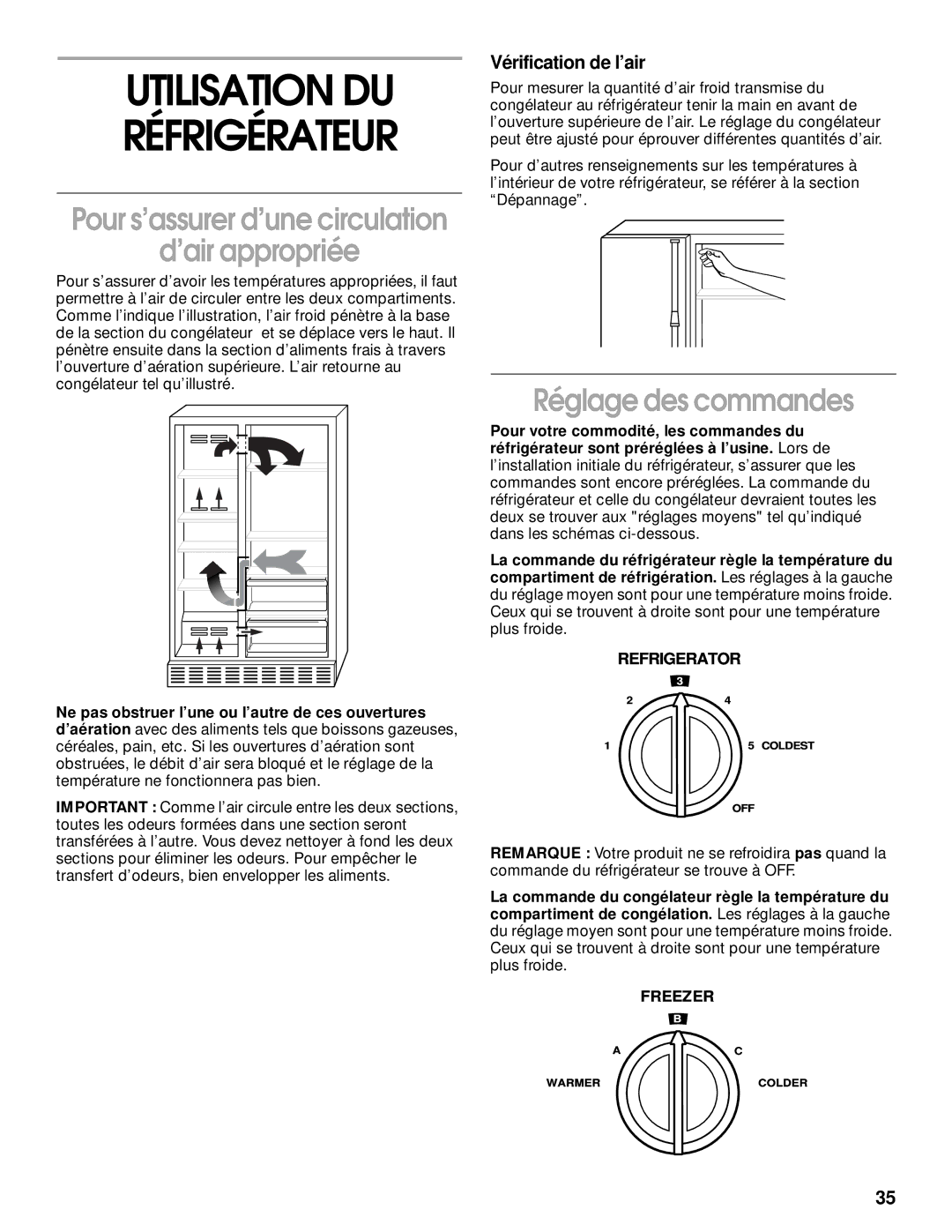 Whirlpool SS25AQXHW00 manual Utilisation DU Réfrigérateur, ’air appropriée, Réglage des commandes, Vérification de l’air 