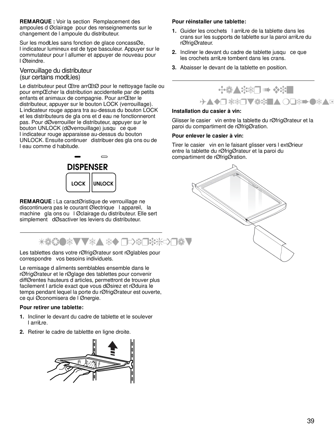 Whirlpool SS25AQXHW00 manual Tablettes du réfrigérateur, Casier à vin 