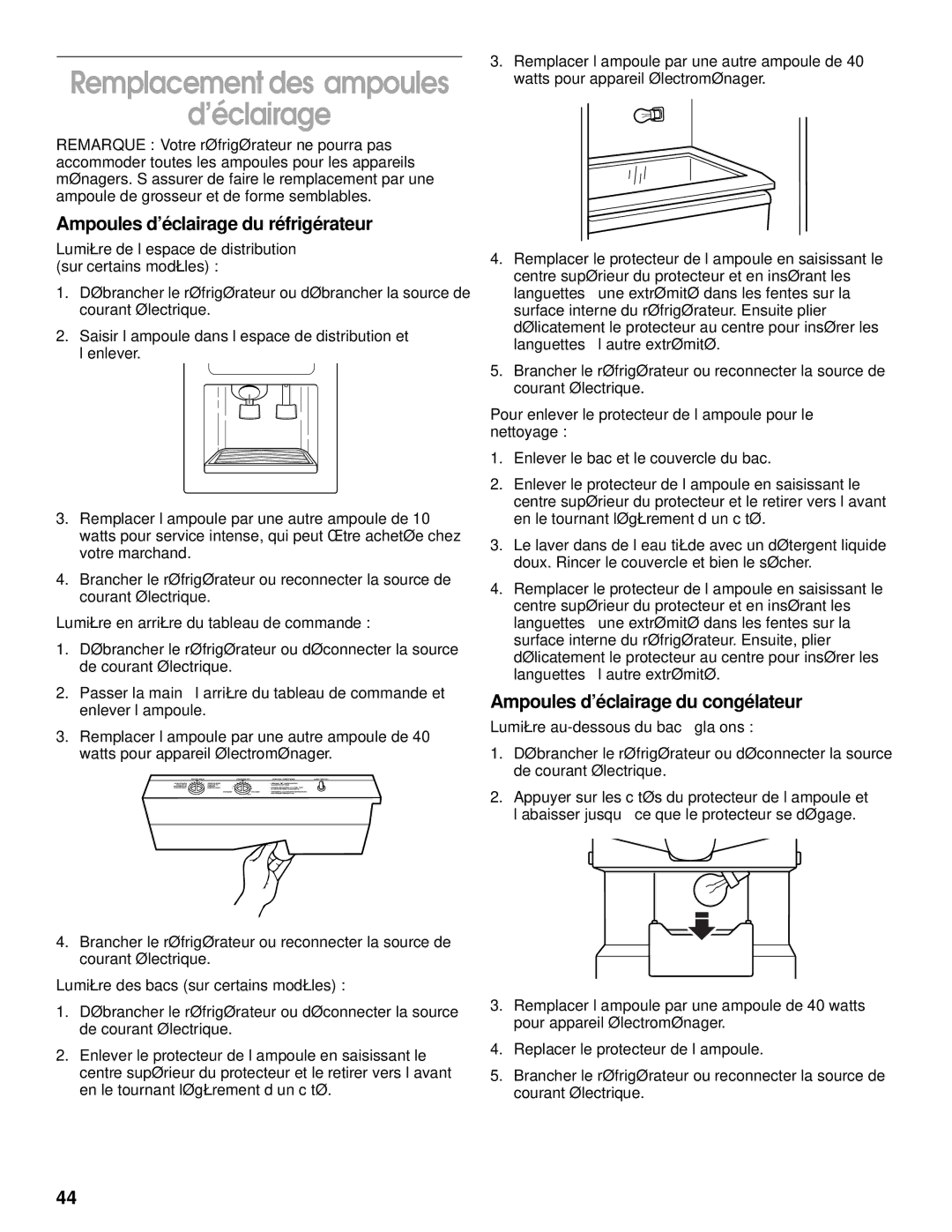 Whirlpool SS25AQXHW00 manual Remplacement des ampoules ’éclairage, Ampoules d’éclairage du réfrigérateur 