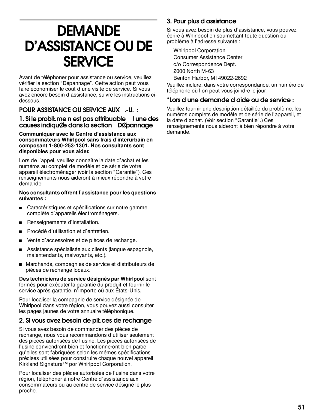 Whirlpool SS25AQXHW00 manual Demande, Service, Si vous avez besoin de pièces de rechange…, Pour plus d’assistance… 