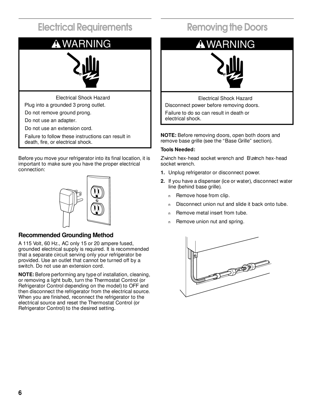 Whirlpool SS25AQXHW00 manual Electrical Requirements, Removing the Doors, Recommended Grounding Method 