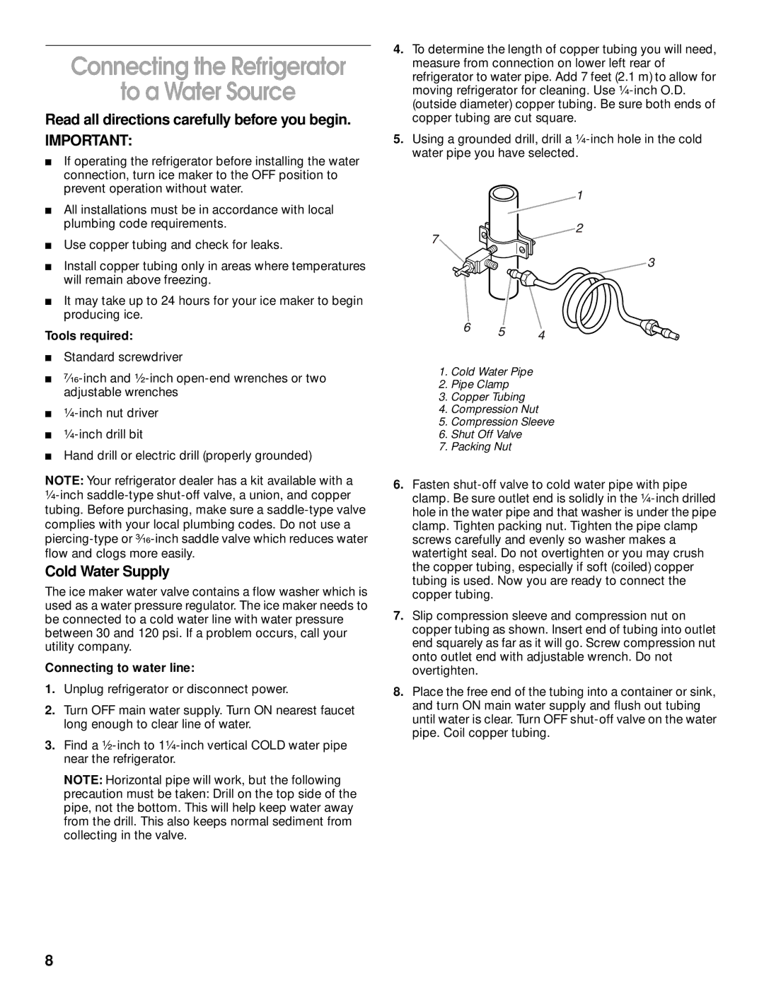 Whirlpool SS25AQXHW00 manual Connecting the Refrigerator To a Water Source, Read all directions carefully before you begin 