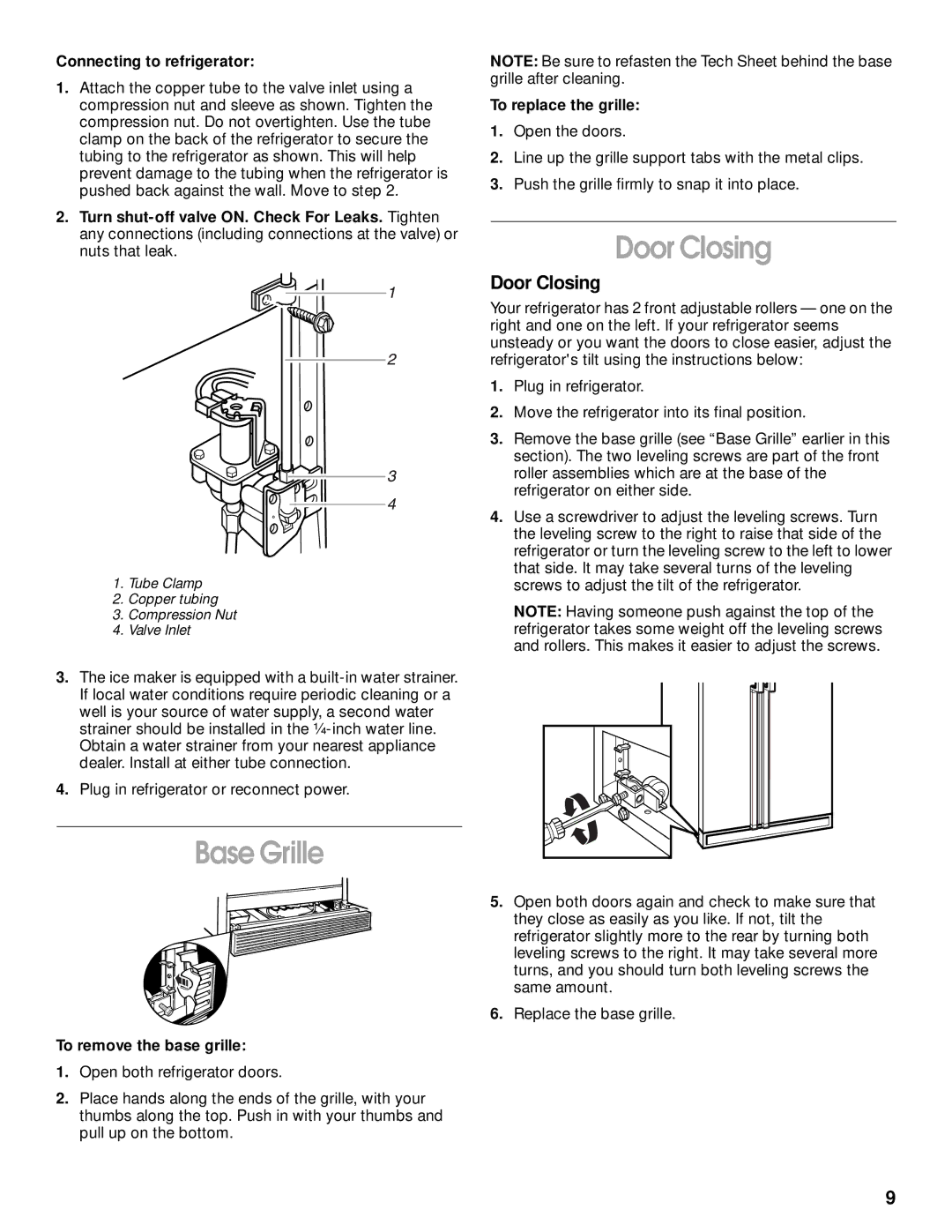 Whirlpool SS25AQXHW00 manual Base Grille, Door Closing 