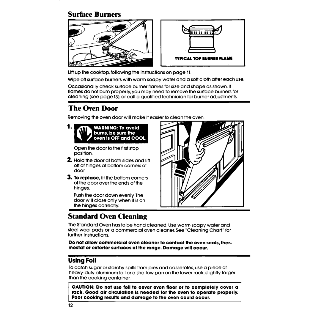 Whirlpool SS3004SR manual Surface Burners, Oven Door, Standard Oven Cleaning, Using Foil 