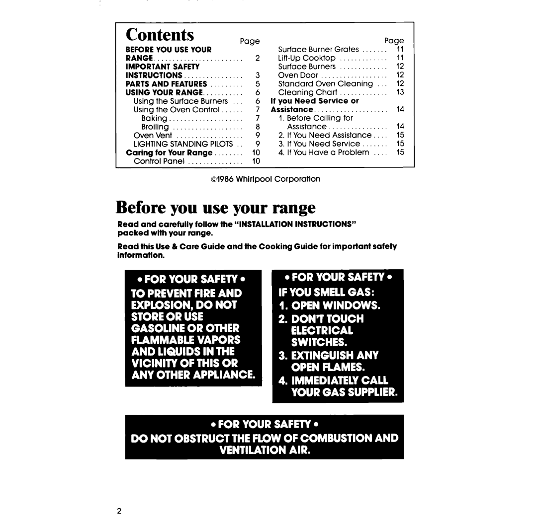 Whirlpool SS3004SR manual Contents 