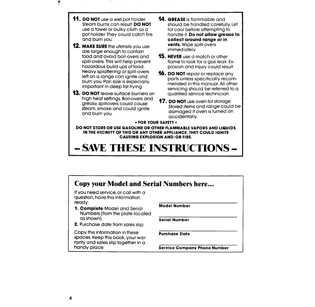 Whirlpool SS3004SR manual Copy your Model and Serial Numbers here 