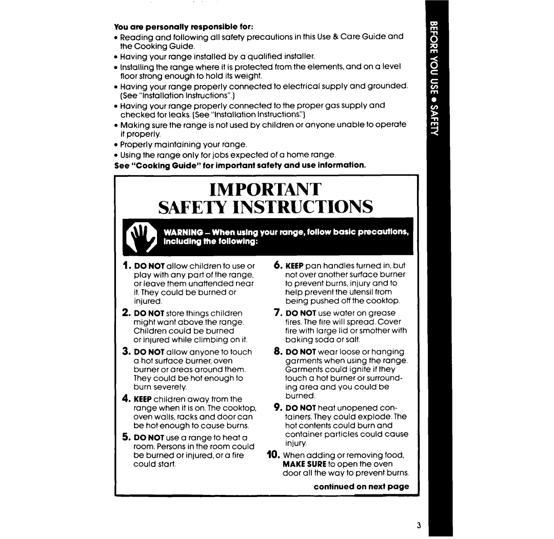 Whirlpool SS3004SR manual Safety Instructions 
