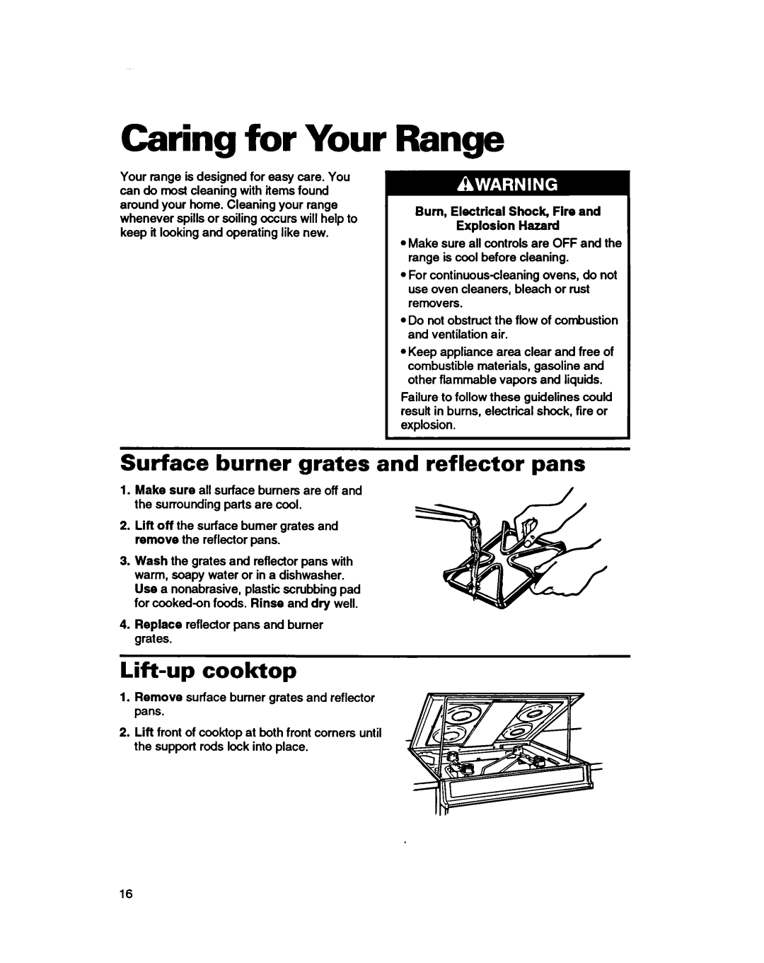 Whirlpool SS310PEB, SS330PEB warranty Caring for Your, Range, Surface burner grates, Lift-up cooktop 