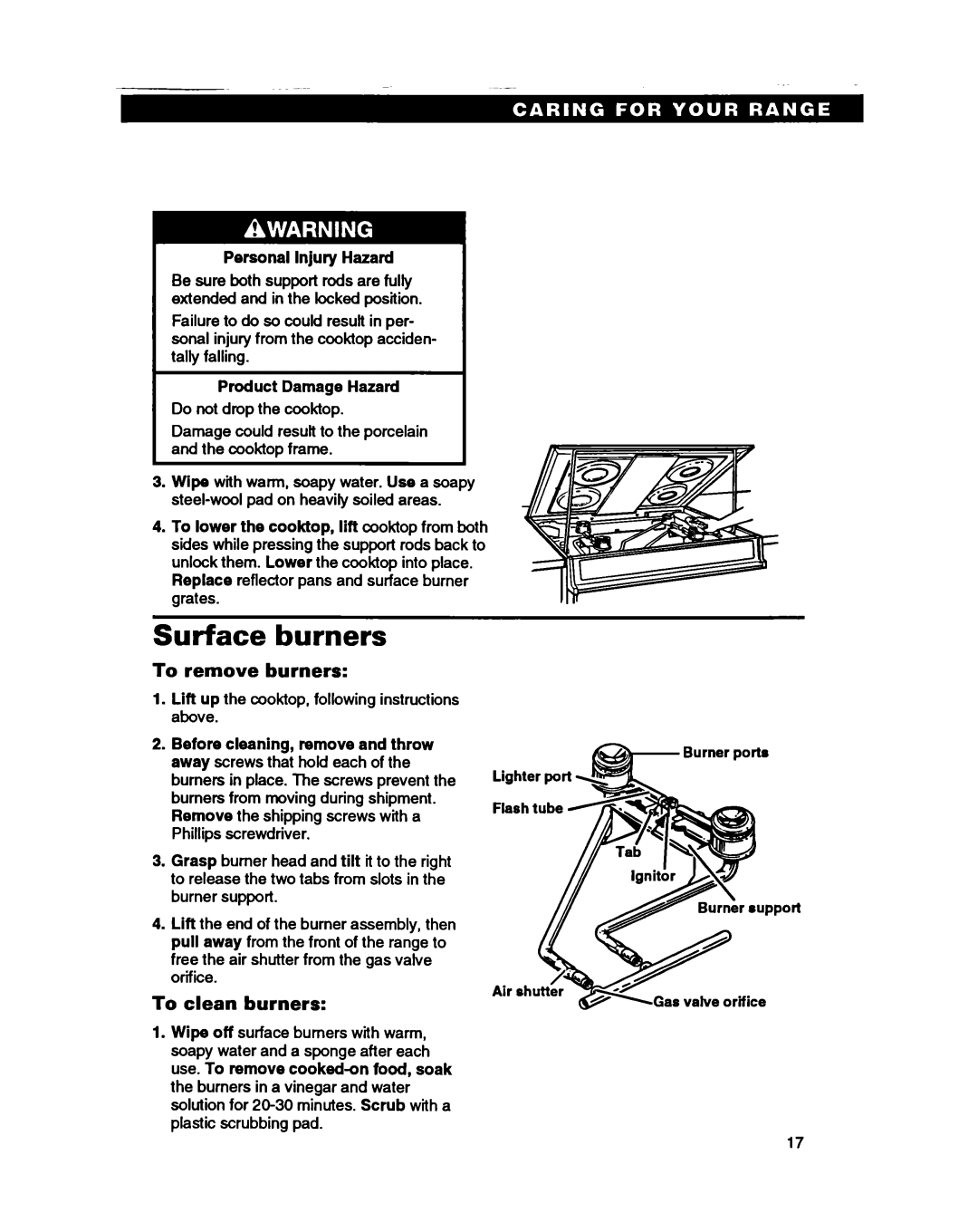 Whirlpool SS330PEB, SS310PEB Surface Burners, To remove Burners, To clean Burners, Before cleaning, remove and throw 