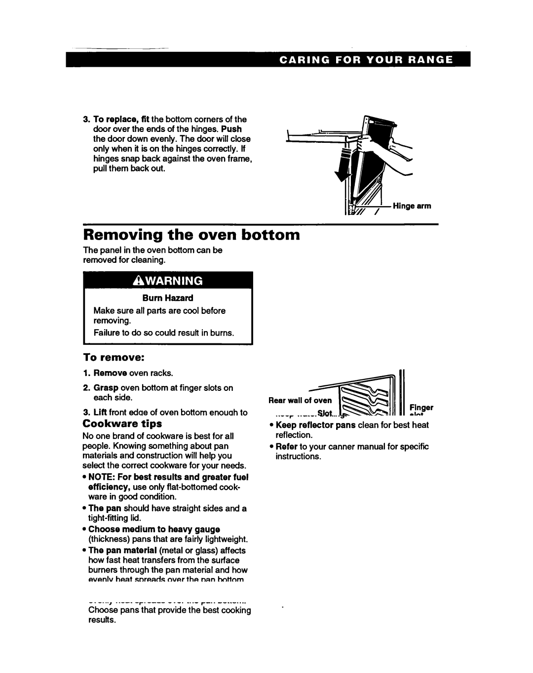 Whirlpool SS330PEB, SS310PEB warranty Removing the oven bottom, To remove, To replace, Burn Hazard 