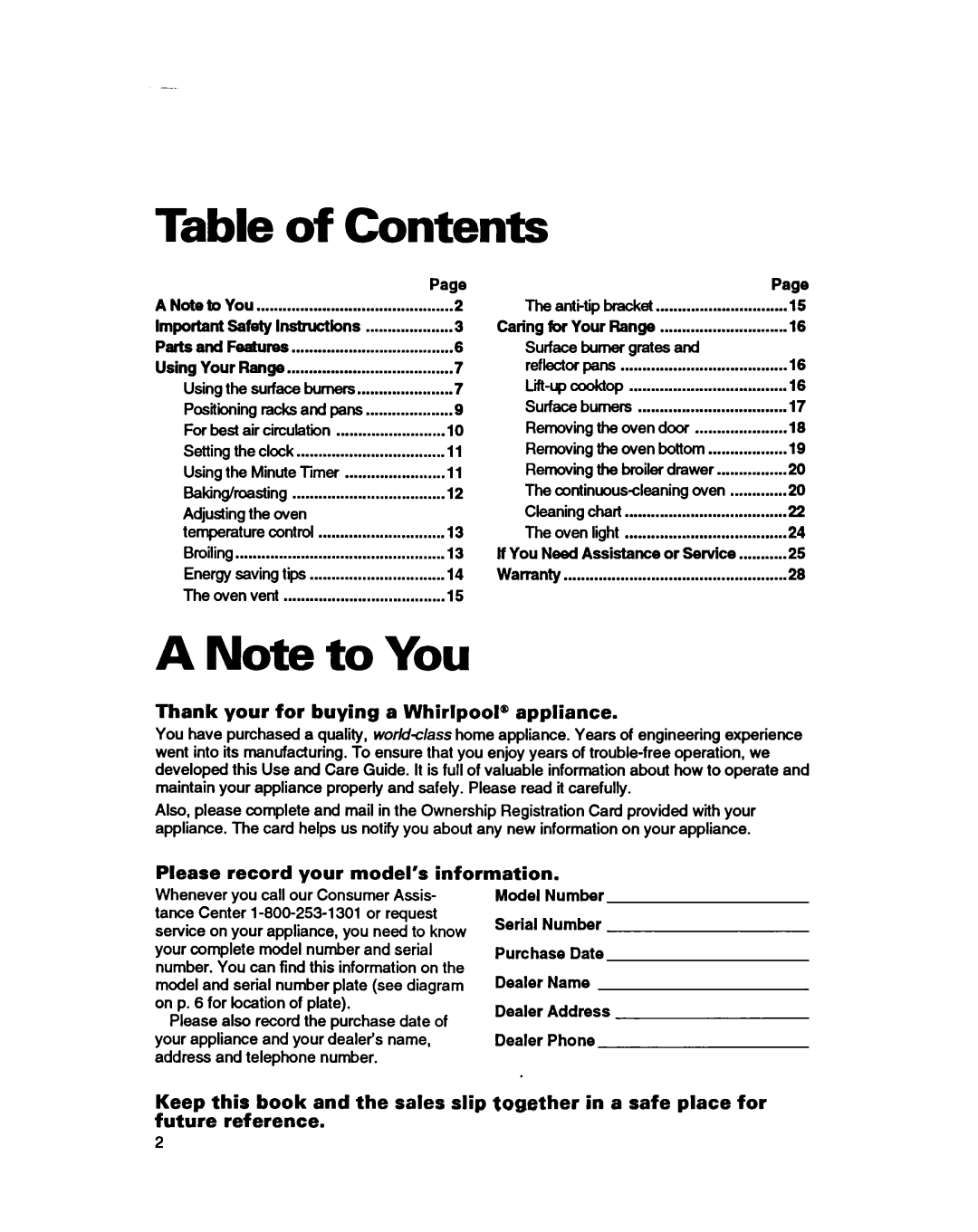 Whirlpool SS310PEB, SS330PEB warranty Table of Contents 