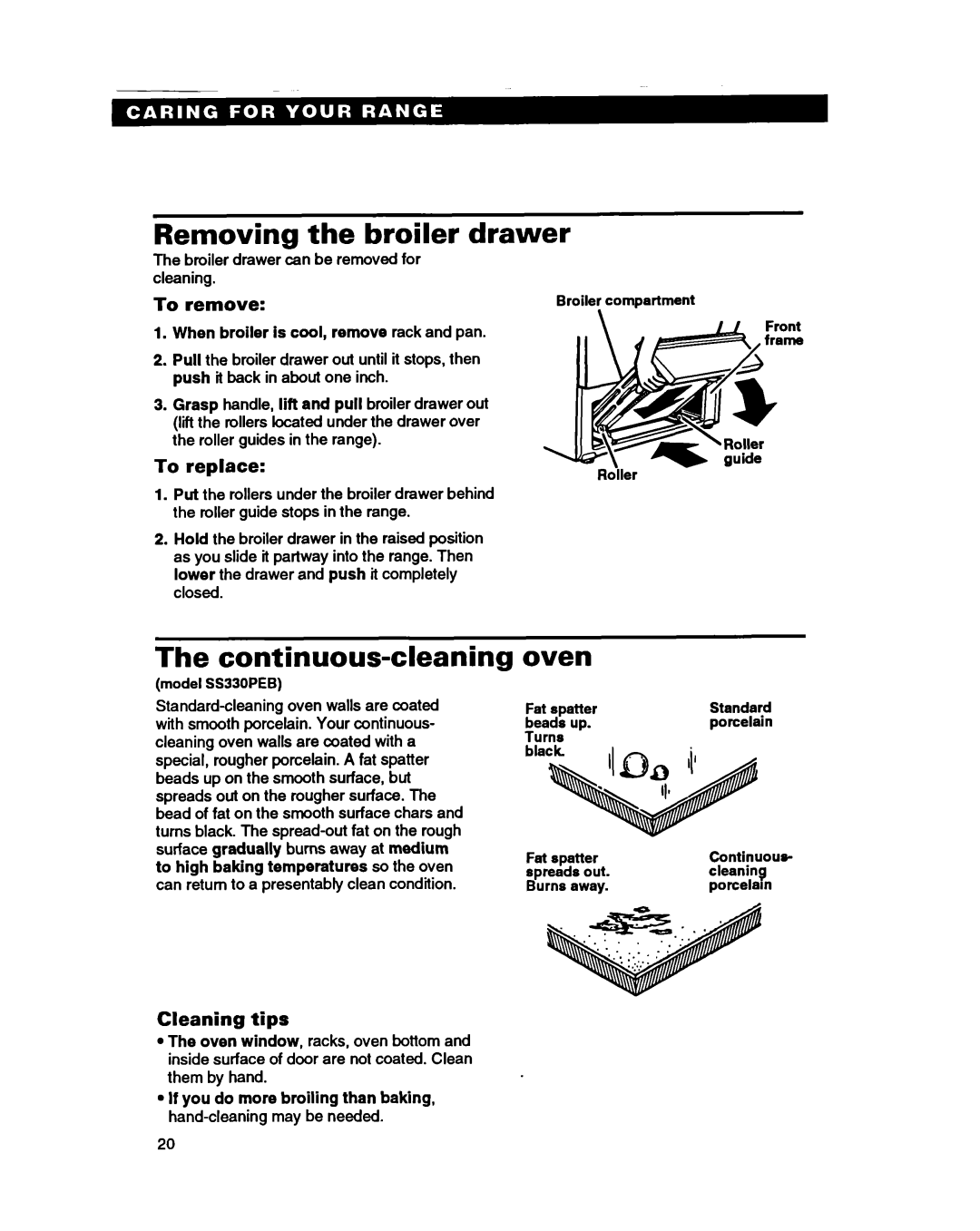 Whirlpool SS310PEB, SS330PEB warranty Removing the broiler drawer, Continuous-cleaning, Oven, Cleaning tips 