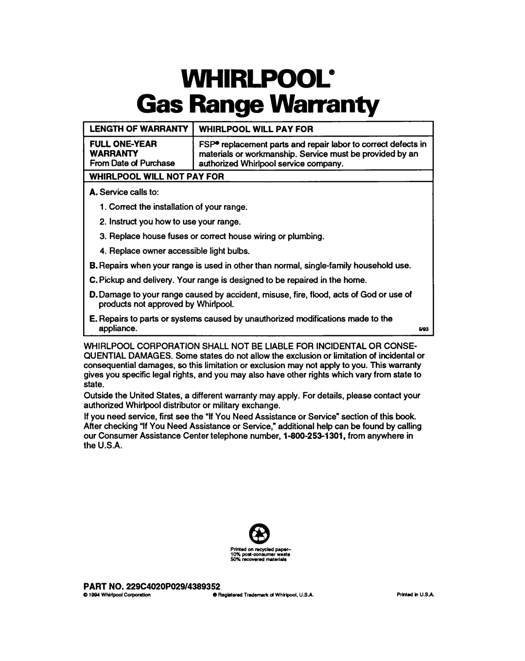 Whirlpool SS310PEB, SS330PEB warranty Whirlpool@, Gas Range Warranty 