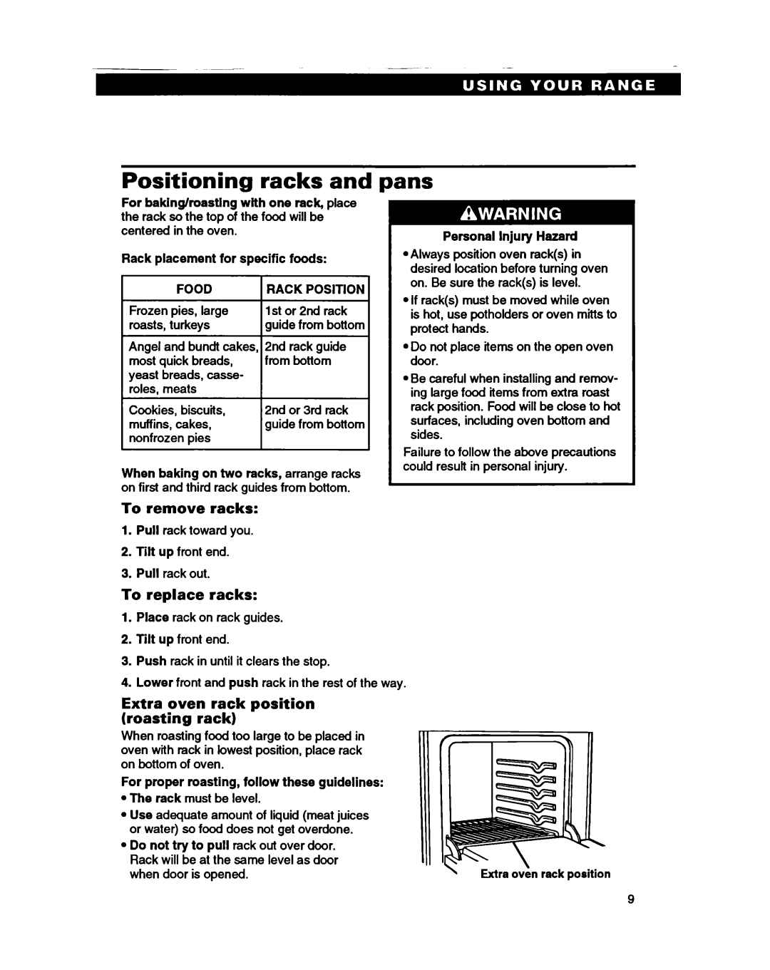 Whirlpool SS330PEB Positioning racks, Pans, To remove racks, To replace racks, Extra oven rack position Roasting rack 