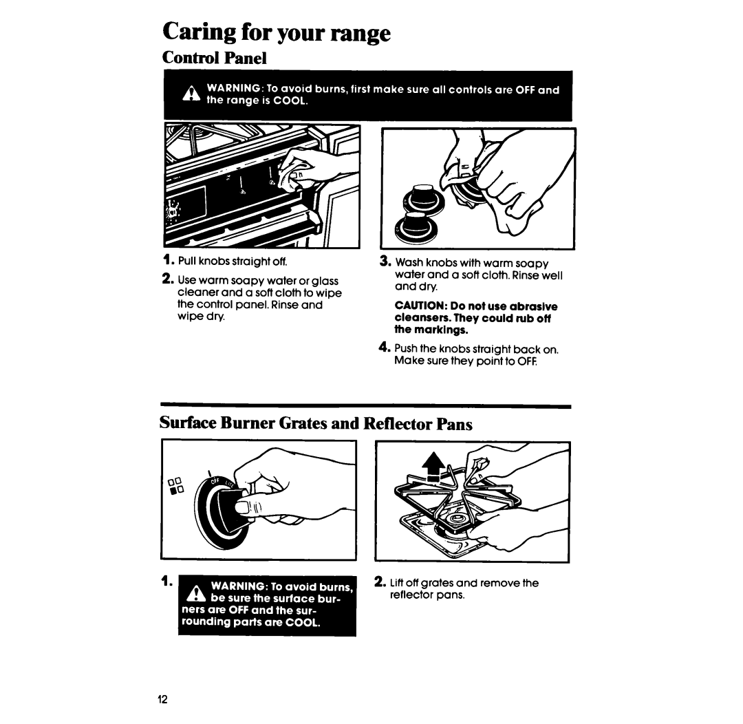 Whirlpool SS313PST, SS313PET, SS333PST manual Caring for your range, Control Panel, Surface Burner Grates and Reflector Pans 