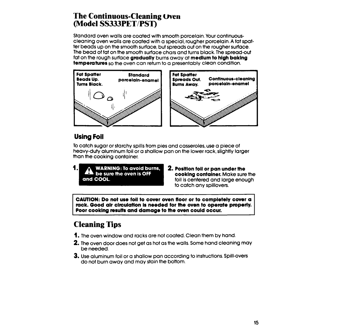 Whirlpool SS313PST, SS313PET, SS333PST manual Continuous-Cleaning men Model SS333PET/PST, Cleaning Tips, Using Foil 