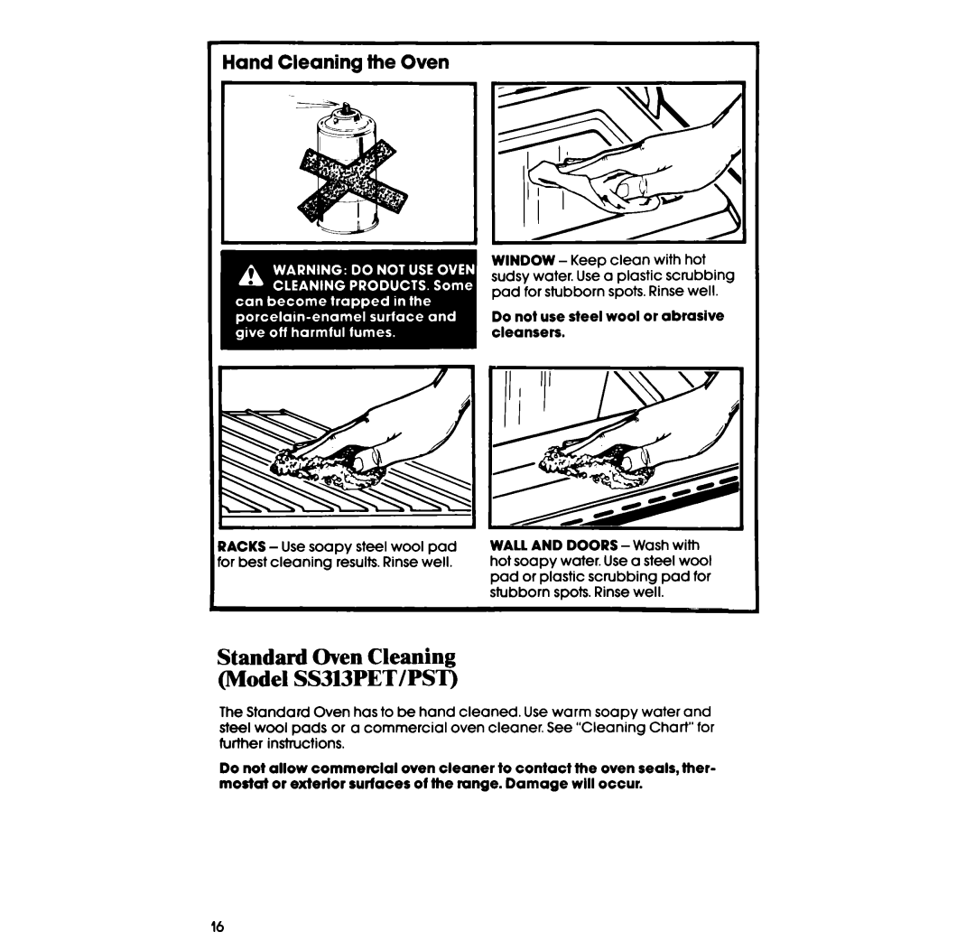 Whirlpool SS313PST, SS333PST, SS333PET manual Standard Oven Cleaning Model SS313PET/PST, Hand Cleaning the Oven 