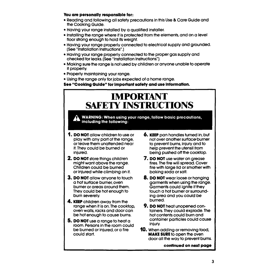 Whirlpool SS333PET, SS313PST, SS313PET, SS333PST manual Safety Instructions 