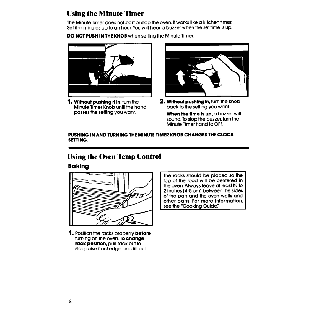 Whirlpool SS313PST, SS313PET, SS333PST, SS333PET manual Using the Minute Timer, Using the Oven Temp Control, Baking 