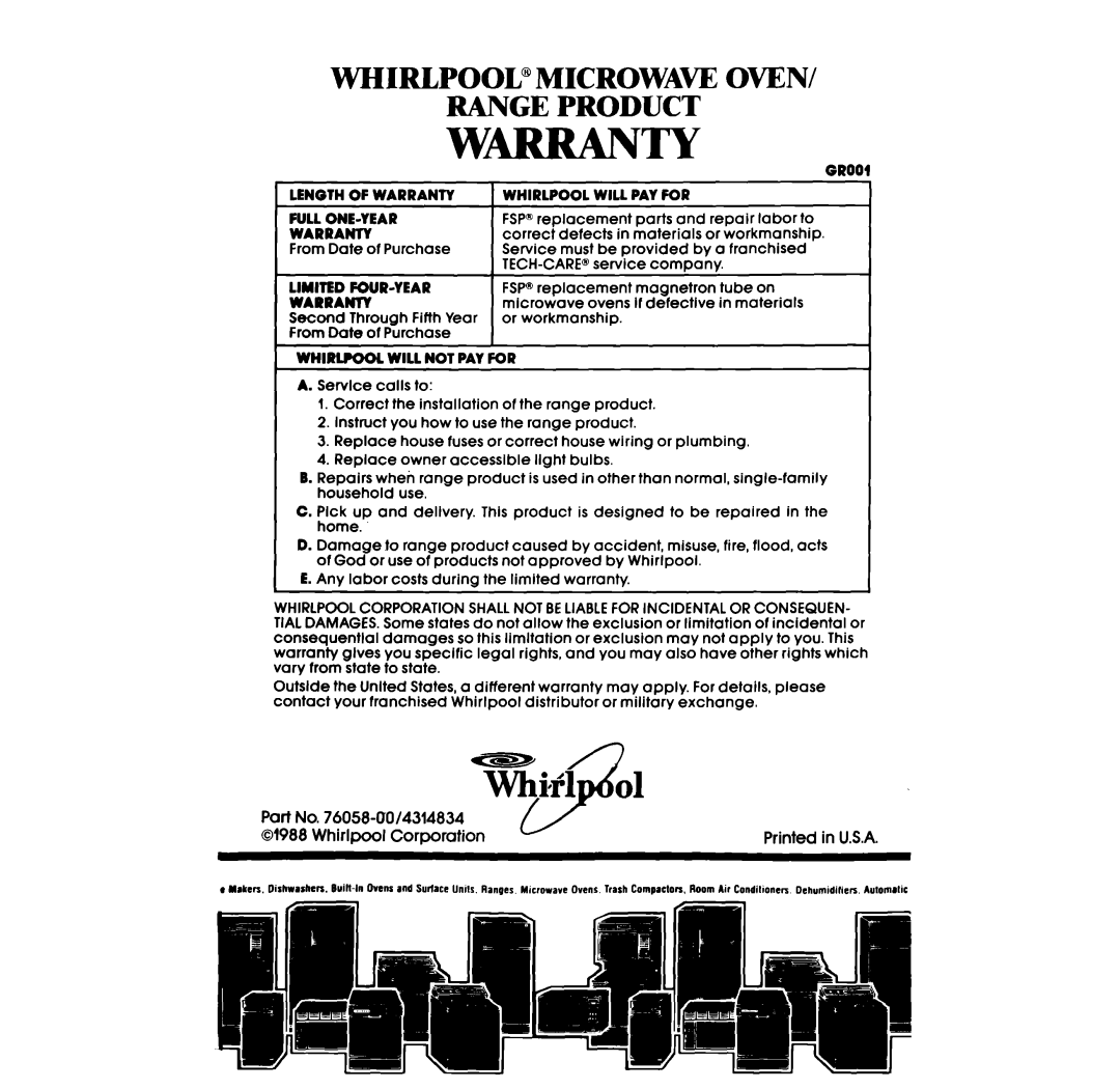 Whirlpool SS313PST, SS313PET, SS333PST, SS333PET manual Whirlpool@Microwa~ Oven Range Product, W-T-Y 
