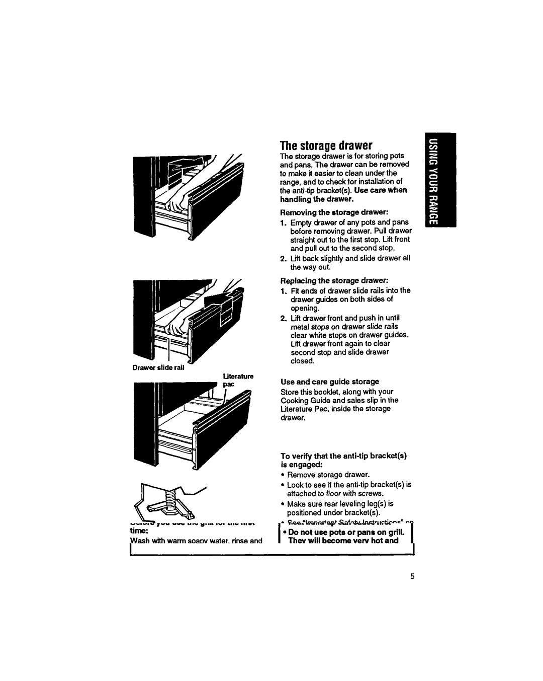 Whirlpool SS373PEX Thestorauedrawer, Removing the storage drawer, Replacing the storage drawer, Use and care guide storage 