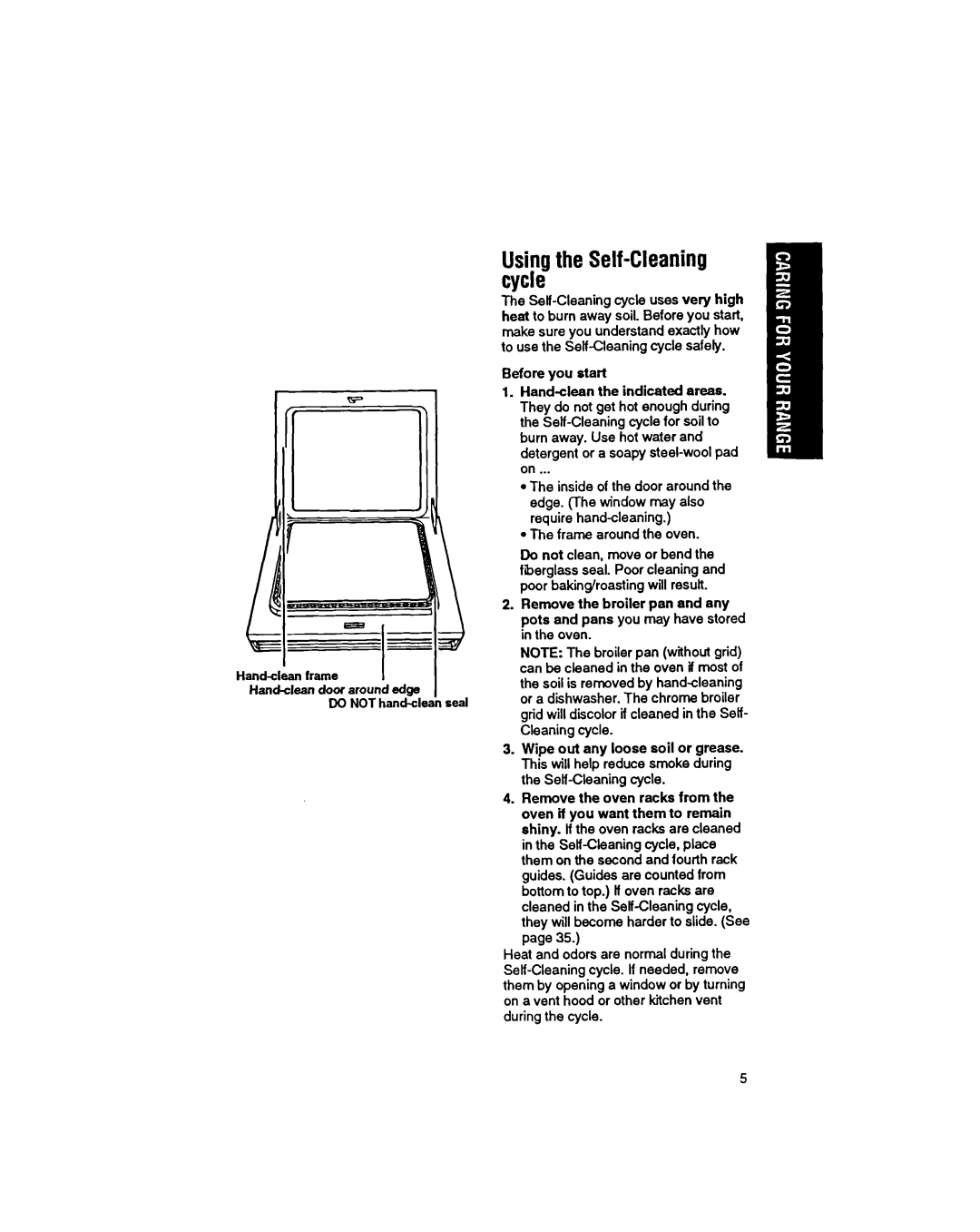 Whirlpool SS373PEX manual Self-Cleaning, Before you start Handclean the indicated areas, Wipe out any loose soil or grease 